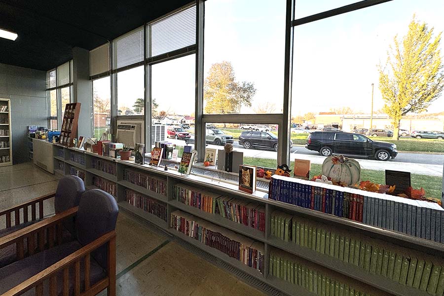 Bookshelves along the windows of the new Big Book Nook in Lancaster, Ohio.